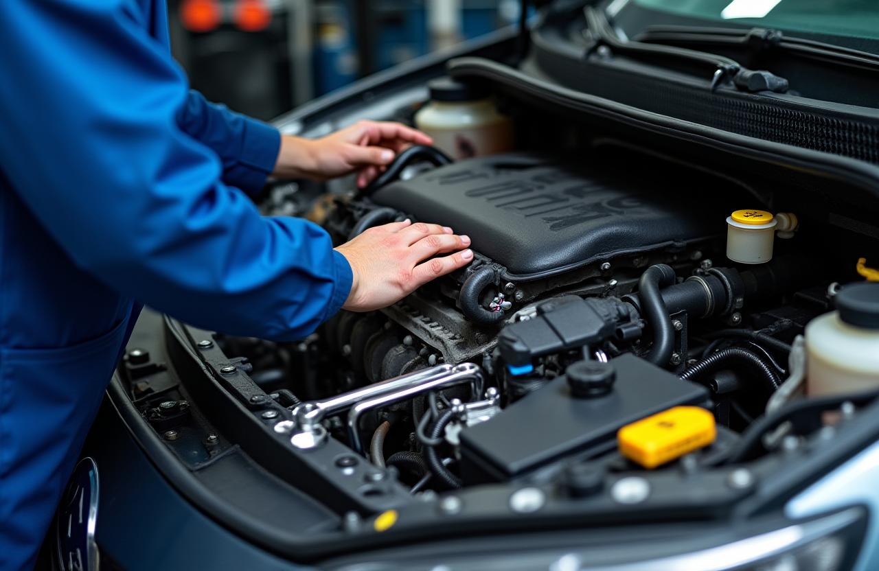 Mechaniker bei der genauen Arbeit an einem offenen Motorraum